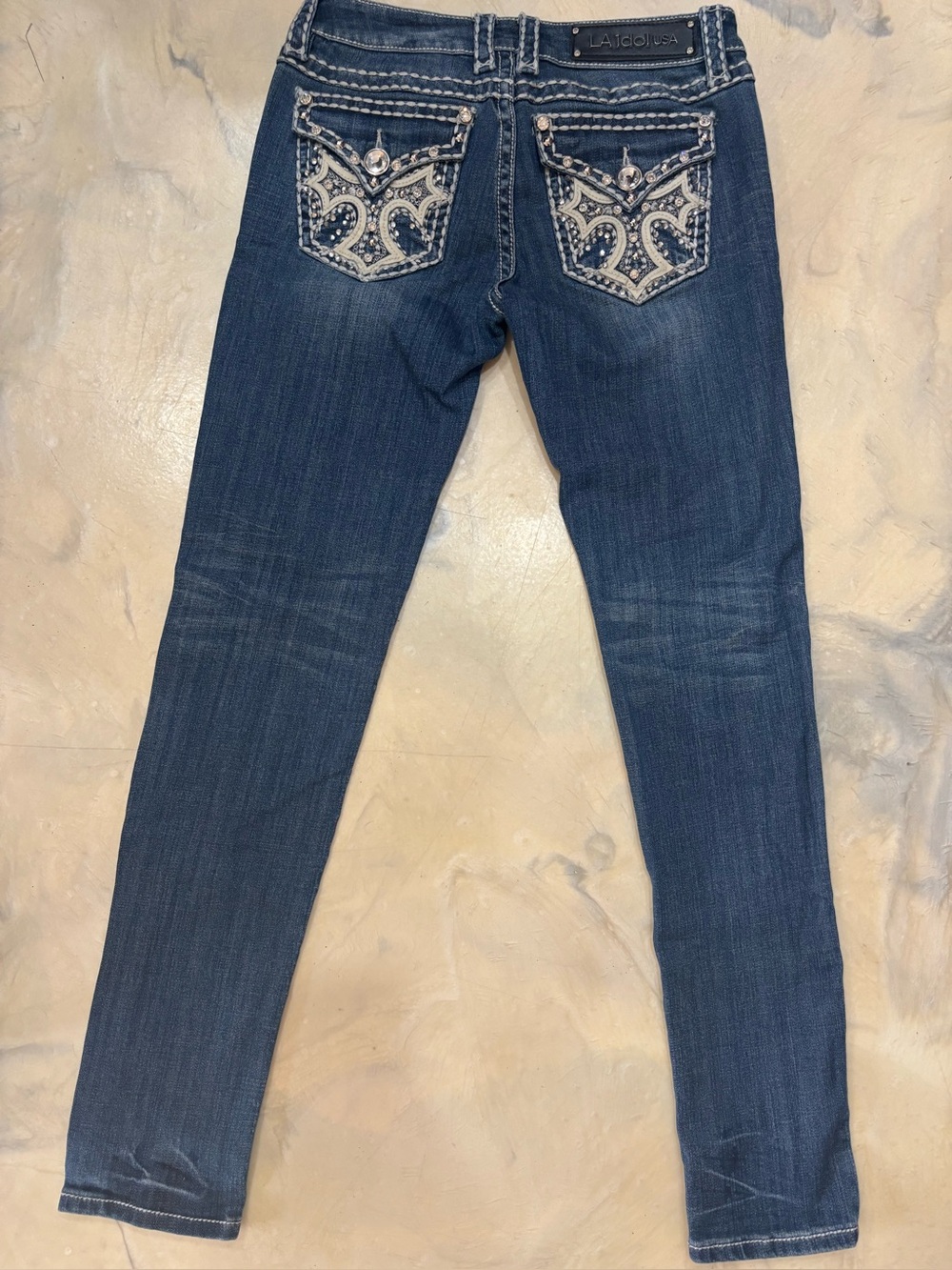 LA Idol Juniors Size 5 Y2K Skinny Jeans Dark Wash Rhinestone Embellished Bling